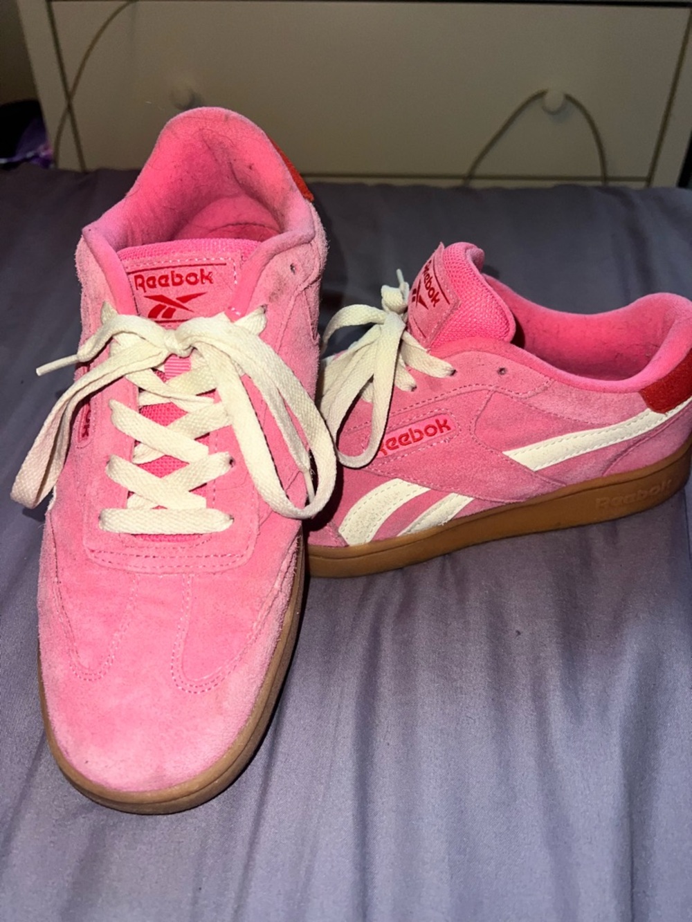 Reebok Pink Suede Low-Top Sneakers with White Stripes